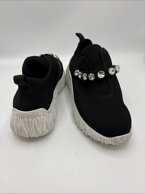 MIU MIU BLACK KNIT CRYSTAL JEWELED LOGO ELASTIC SLIP - size 39